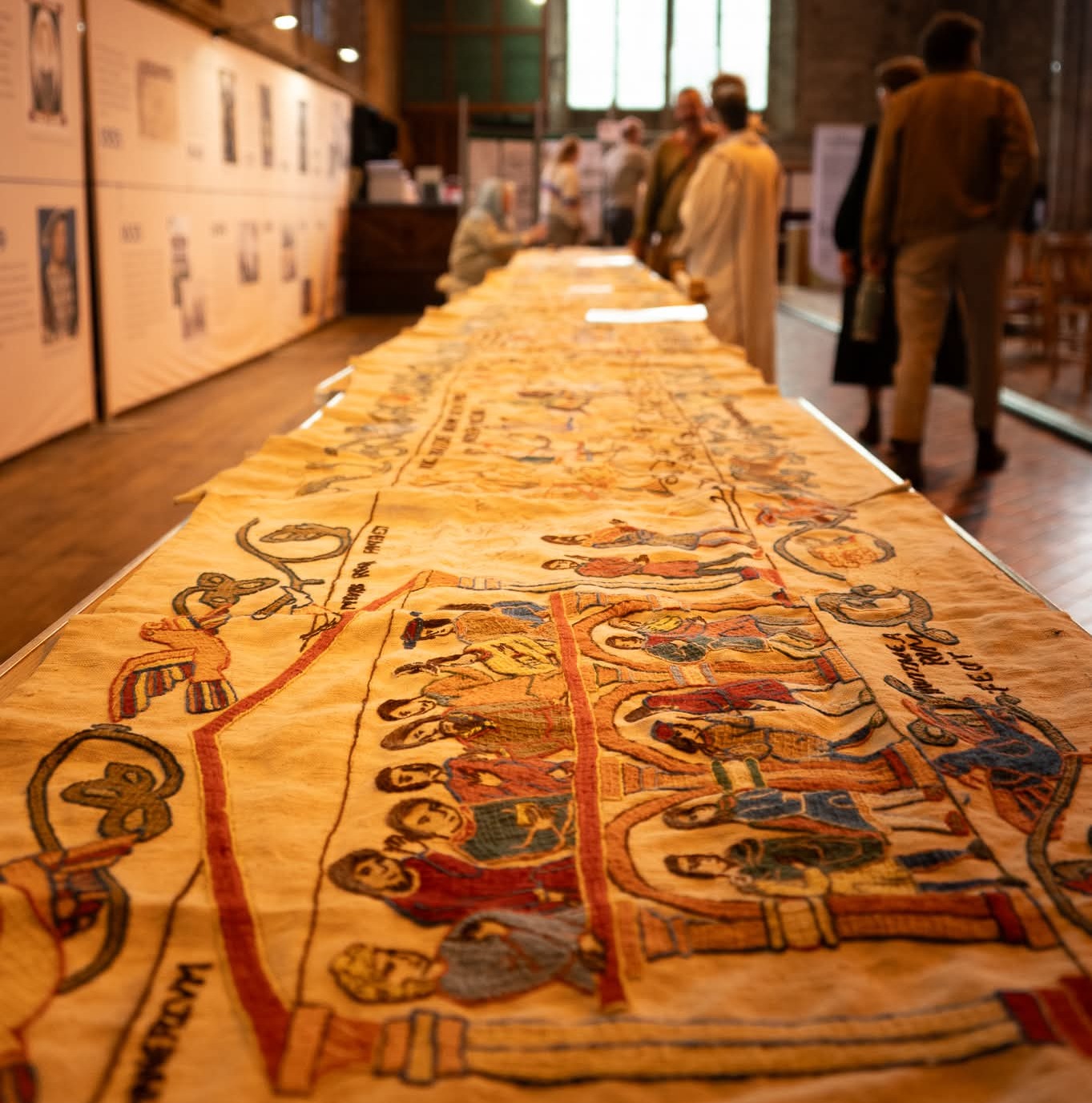 The embroidery being displayed in Leominster Priory in May 2026, when most of the panels were last photographed.  &ndash; &copy;&nbsp;Jennifer&nbsp;Robinson,&nbsp;2026